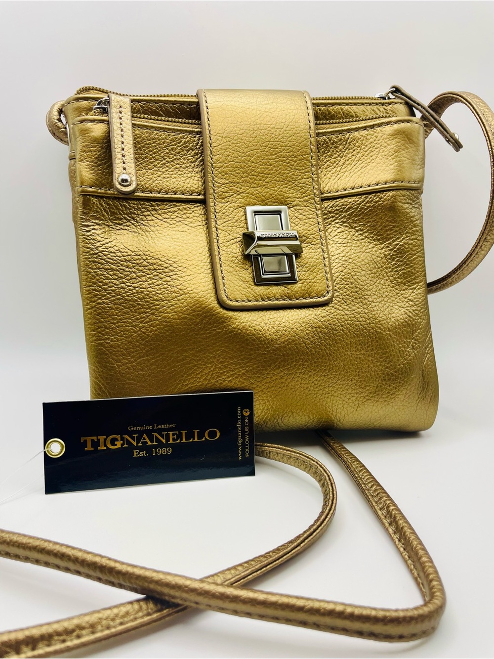 NWT Tignanello Vintage Gold Metallic Leather Crossbody Bag w/Turn Lock Closure